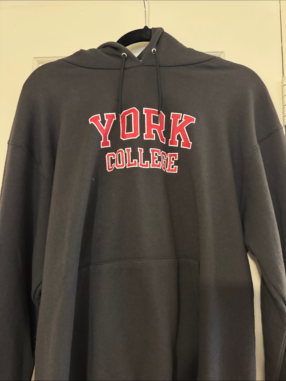 Champion Black Hoodie with Red and White York College Logo